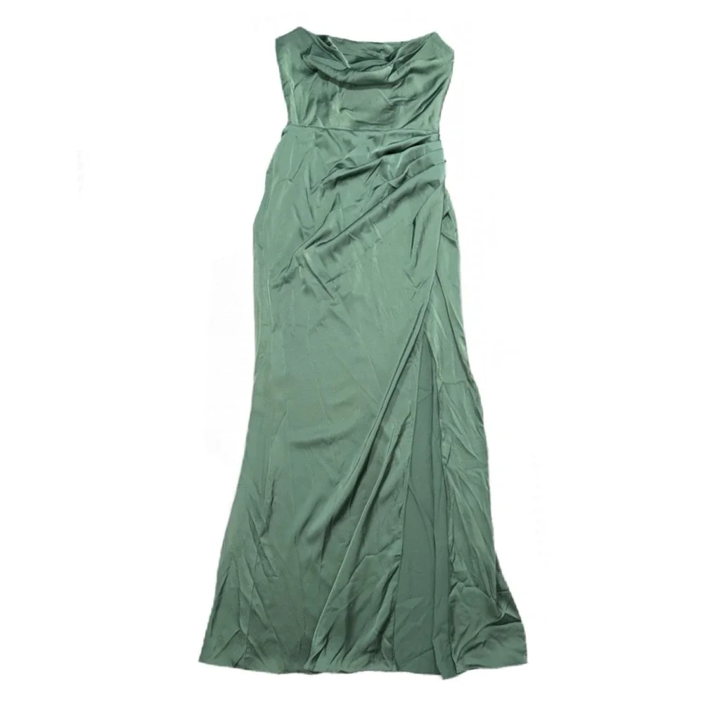 Azazie Womens Strapless Cowl Neck Satin Sage Green High‎ Slit Maxi Dress Gown A4